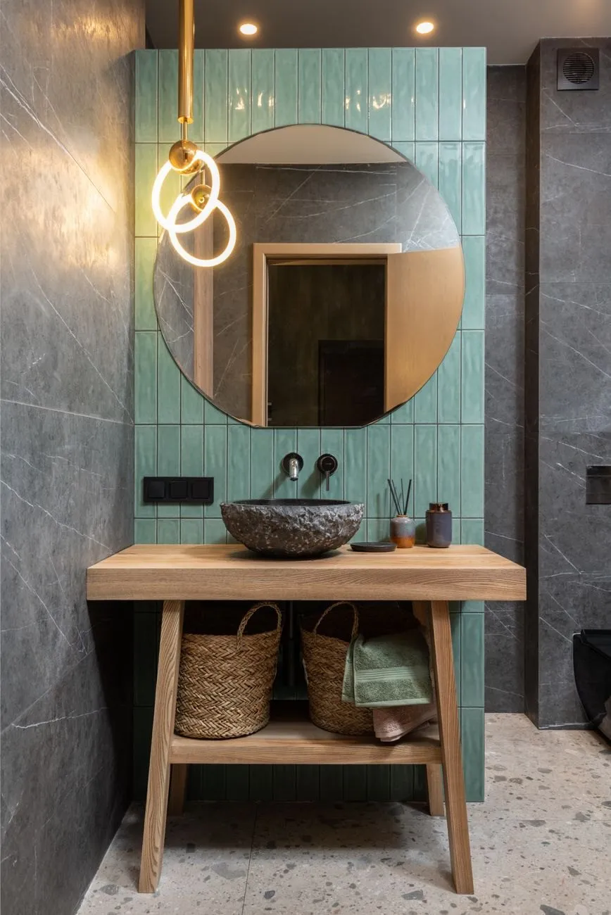 A stone basin on an oak washstand with baskets beneath, set against green vertical tiles below a round mirror and a brass pendant